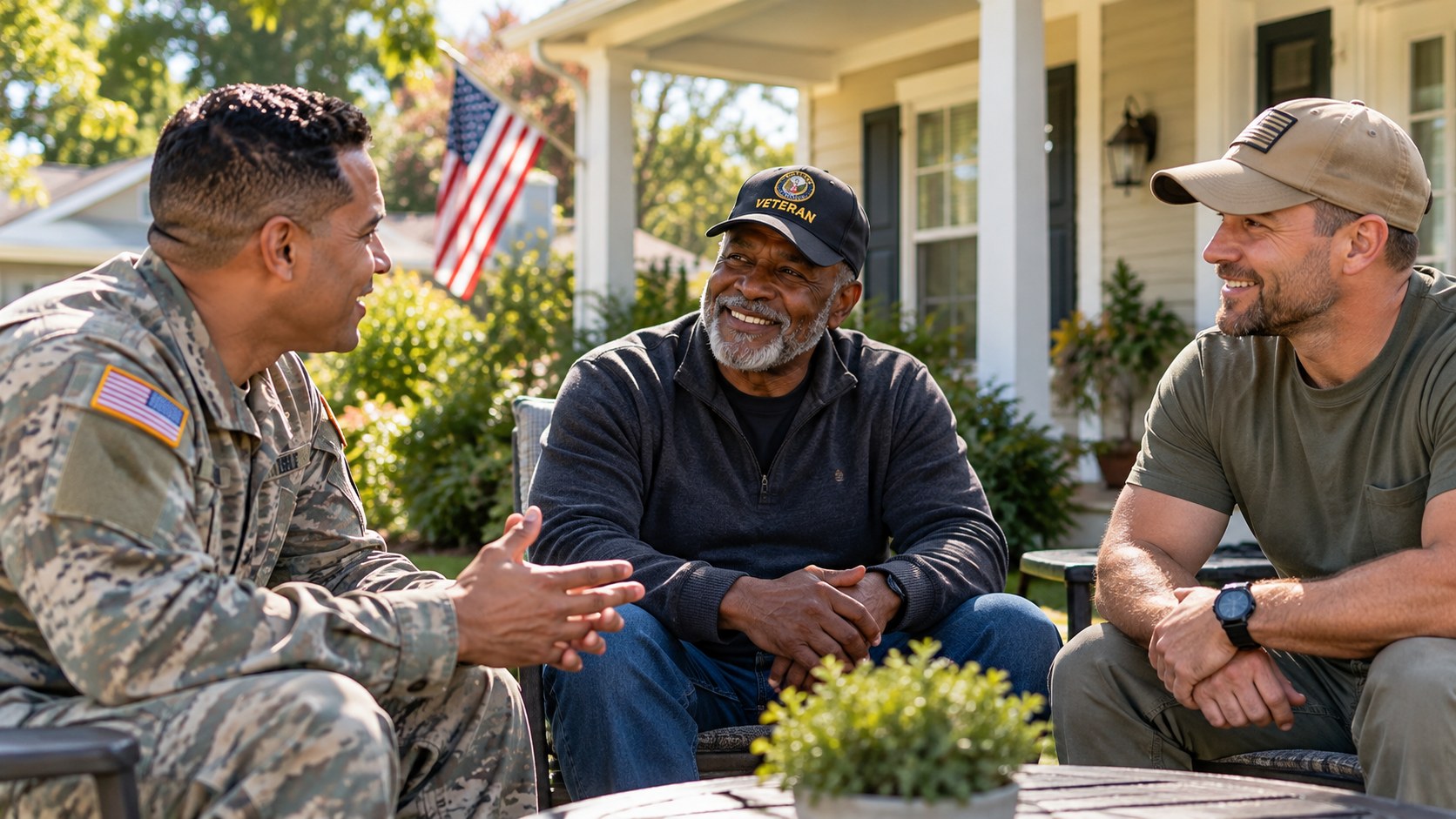 Illustrative scene of an active-duty service member and independent adult veterans having a friendly conversation outside a home
