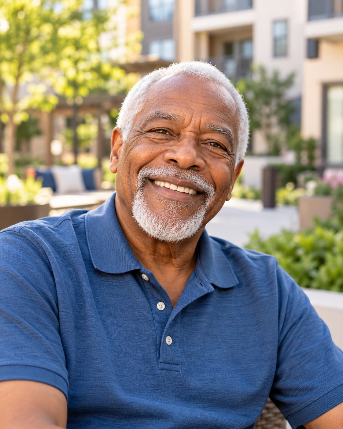 Smiling senior in a bright residential courtyard